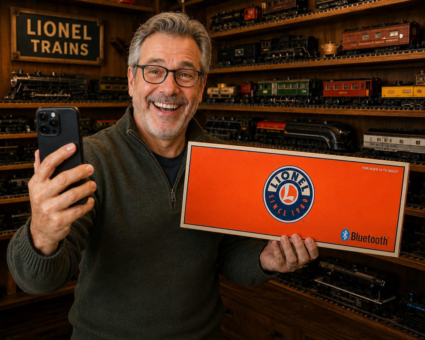 A model train collector photographing a Lionel box with his phone in front of a wall of his collection, adding the item to Model Train Tracker